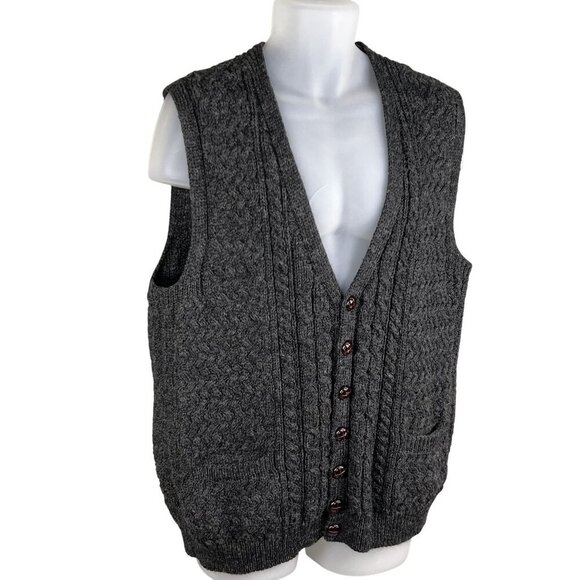 Woolmark Wool Men L Made In Ireland Cable Knit Vest Pocket Fisherman Grandpacore - Picture 6 of 14